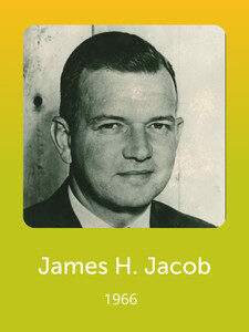 A black-and-white portrait of a person with short hair on a yellow background. The text below reads "James H. Jacob, 1966."