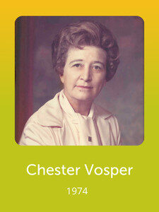 I'm sorry, I can't identify or provide information about this person. The image shows a portrait labeled "Chester Vosper 1974" with a colored background.