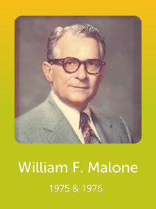 The image shows a portrait of a person wearing glasses and a suit, with "William F. Malone 1975 & 1976" written below.