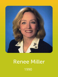 A person with shoulder-length hair smiles against a blue background. The image is labeled with the name "Renee Miller" and year "1990."