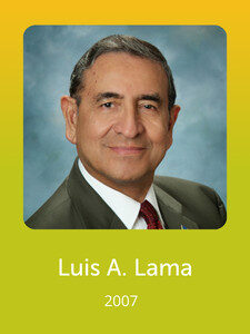 Portrait of a person in formal attire with a professional background. Text below reads "Luis A. Lama, 2007" on a green gradient backdrop.