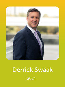 A person in formal attire smiles outdoors with a blurred background. The text below reads "Derrick Swaak 2021" on a yellow gradient.