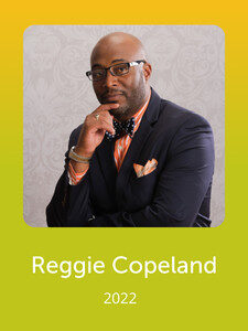 A person in formal attire poses thoughtfully against a patterned backdrop. The image includes text with the name "Reggie Copeland" and year "2022."