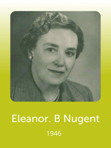 Black and white portrait of a person from 1946, wearing a suit. The image has a green background with text displaying a name and year.