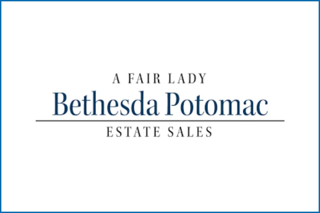 Text logo for "A Fair Lady Bethesda Potomac Estate Sales," displayed in a minimalist style on a white background with blue accents.
