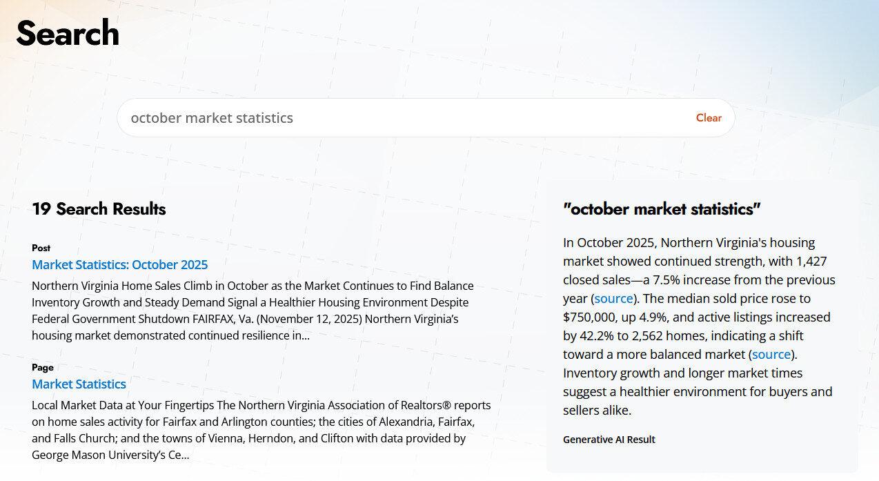 A search results page displays information on "October market statistics," showing housing market trends in Northern Virginia and referencing Fairfax and surrounding areas.