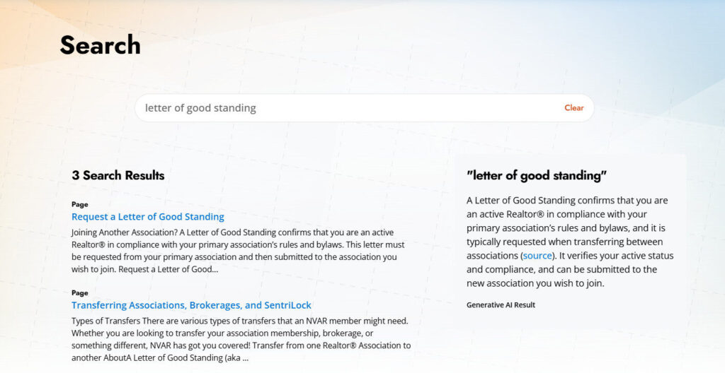 The image shows a search page displaying results for "letter of good standing," detailing requests and information about transferring associations.
