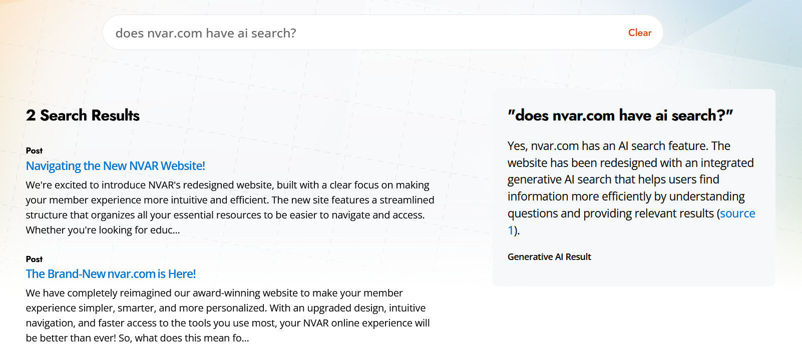 A search query displays on a screen with two results about NVAR's new website AI search feature, enhancing navigation and user experience.