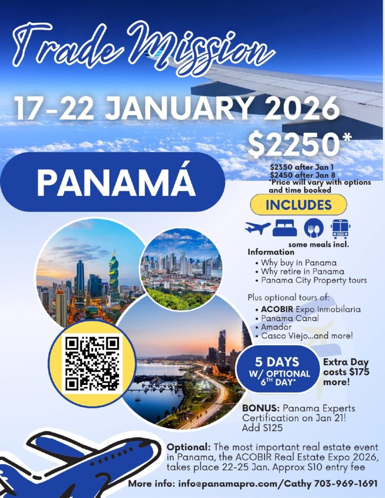 Promotional flyer for Panama trade mission, January 2026. Features Panama City skyline, Panama Canal, and tour options. Includes pricing, contact info, and QR code.
