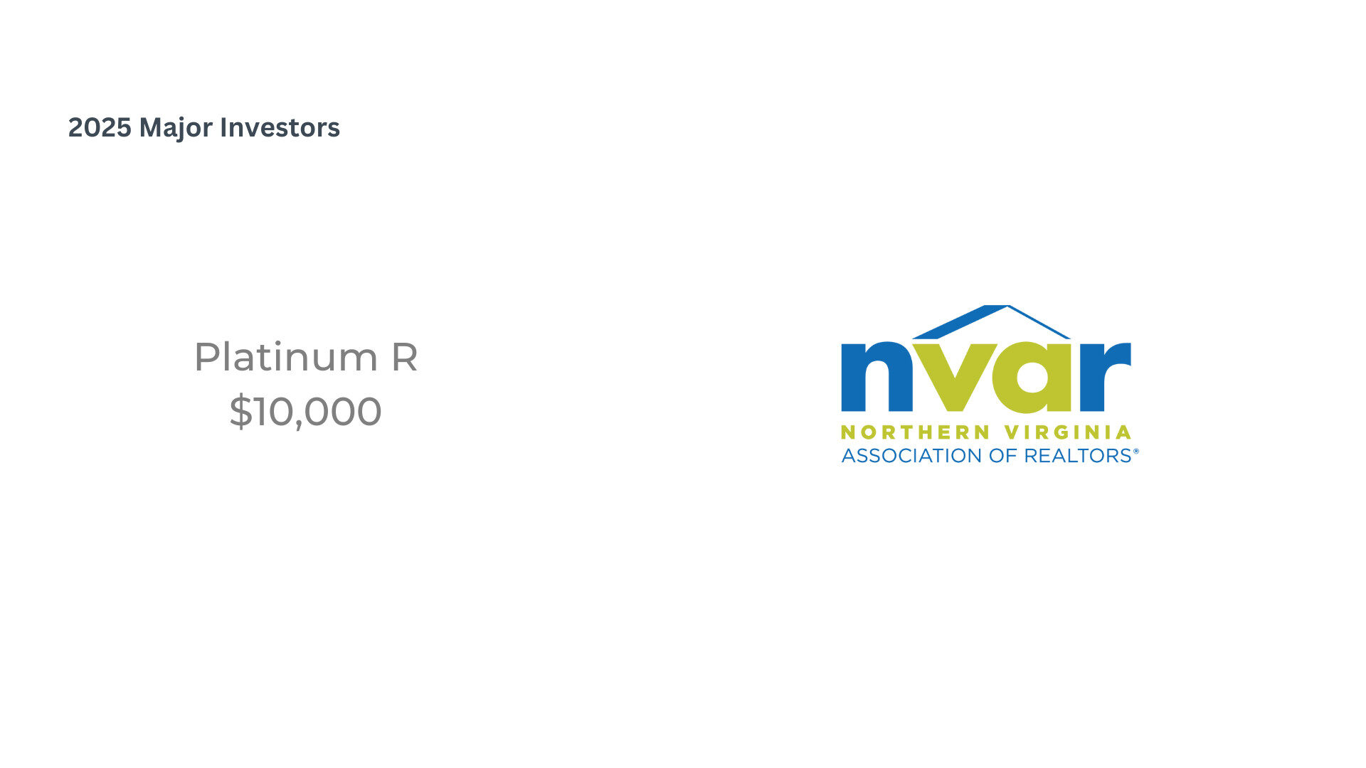 Text references 2025 Major Investors with Platinum R $10,000 contribution alongside Northern Virginia Association of Realtors logo in blue and green.