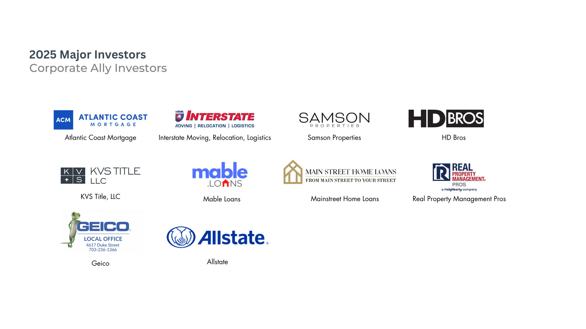 Logos of major corporate investors for 2025, including Atlantic Coast Mortgage, Interstate, Samson Properties, HD Bros, Geico, and Allstate, are displayed.