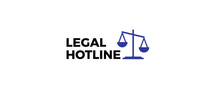 A logo with "Legal Hotline" text and a blue scale of justice, symbolizing legal assistance services. Simple and professional design.
