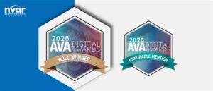Two hexagonal awards labeled "2026 AVA Digital Awards." One is a Gold Winner, the other an Honorable Mention, against a blue and white background.