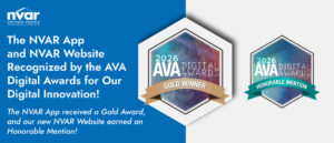 The image announces NVAR App and Website winning 2026 AVA Digital Awards: Gold Award for the app, Honorable Mention for the website.