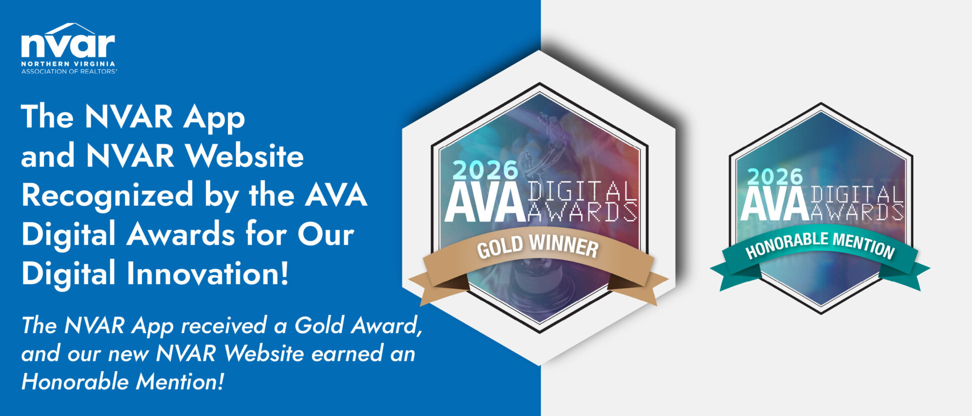 The image announces NVAR App and Website winning 2026 AVA Digital Awards: Gold Award for the app, Honorable Mention for the website.