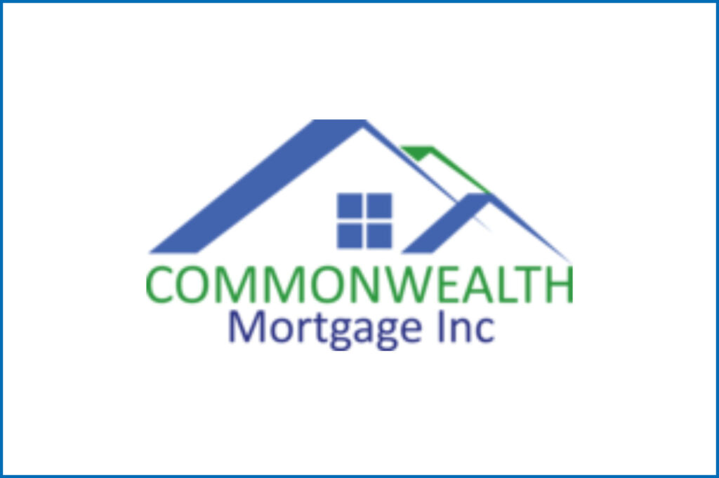 Logo for Commonwealth Mortgage Inc, featuring a stylized house with a blue roof and green accents, accompanied by the company name in blue text.