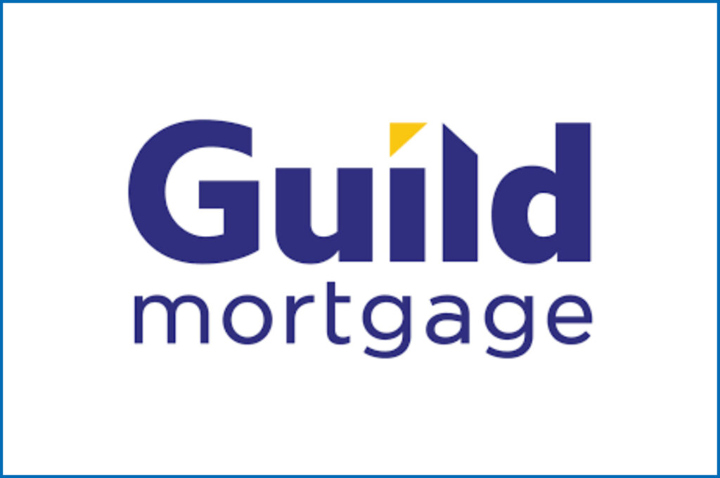 Logo featuring the words "Guild mortgage" in bold, blue text. A small yellow triangle is integrated above the "i" in "Guild."