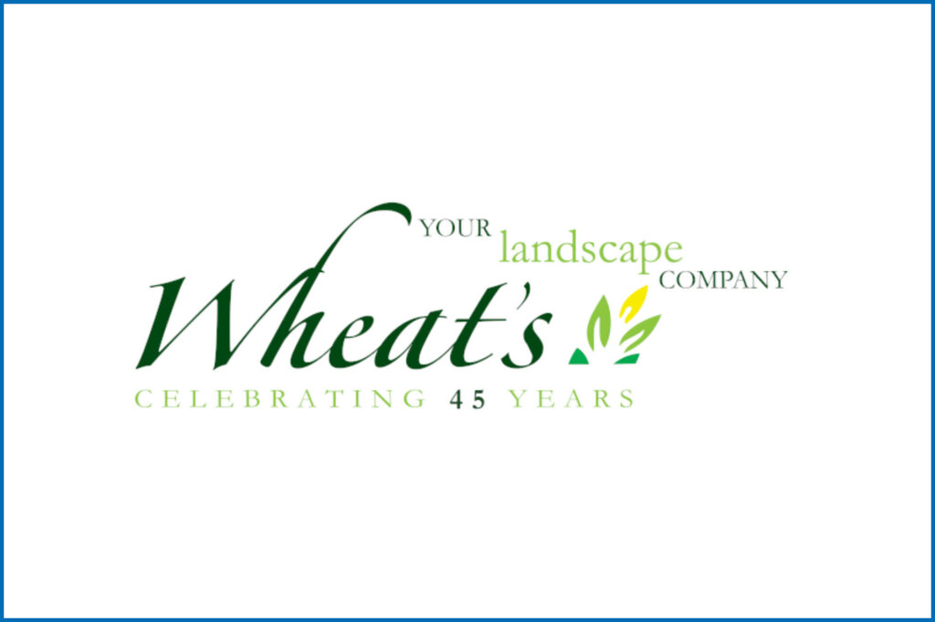 Logo for Wheat's landscape company, celebrating 45 years. Features green text and leaf design on a white background.