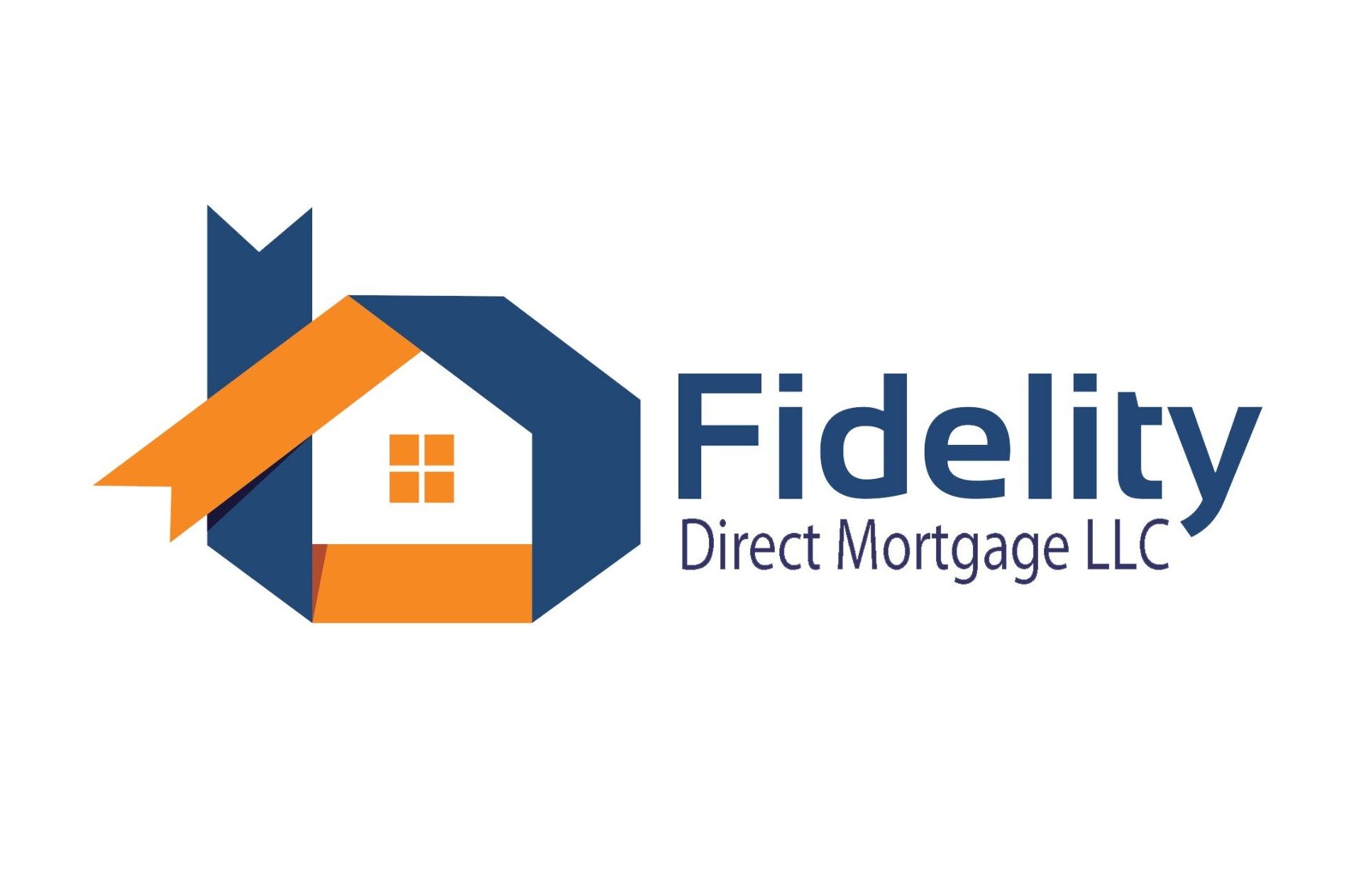 Logo for Fidelity Direct Mortgage LLC featuring a stylized house with blue and orange elements. Bold text highlights company name and service.